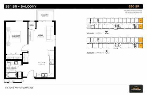Floor plan for 1 bed, 1 bath, 630 sqft